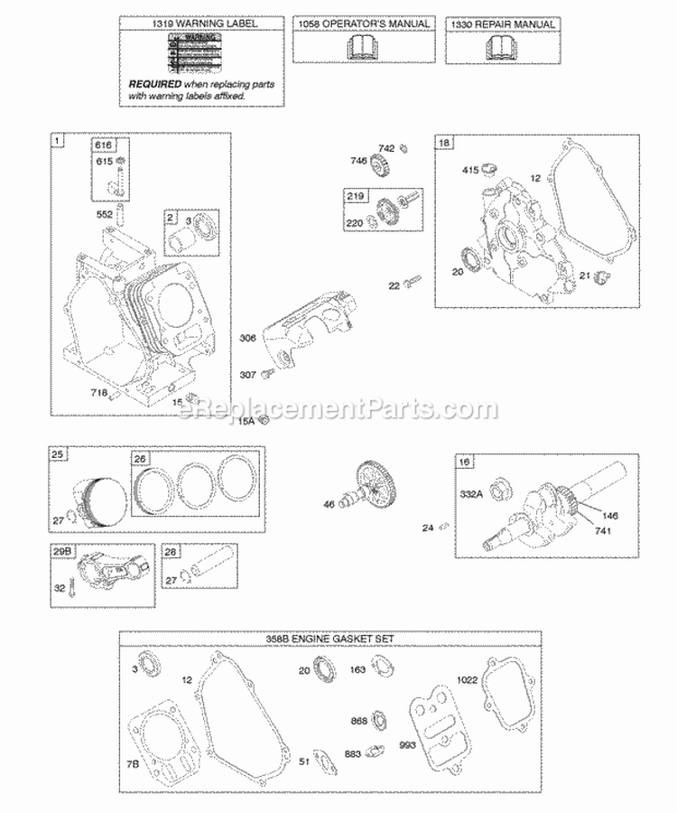 Camshaft Crankcase Cover Crankshaft Cylinder Lubrication Piston Group Diagram and Parts List for 1572  Briggs and Stratton Engine